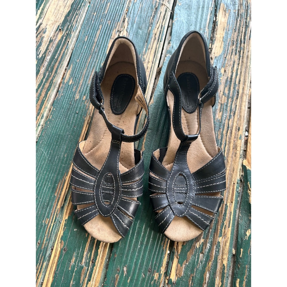 Earth Origins Rosie Black Leather T-Strap Sandals‎ Womens 9M 2015S Comfort Wedge